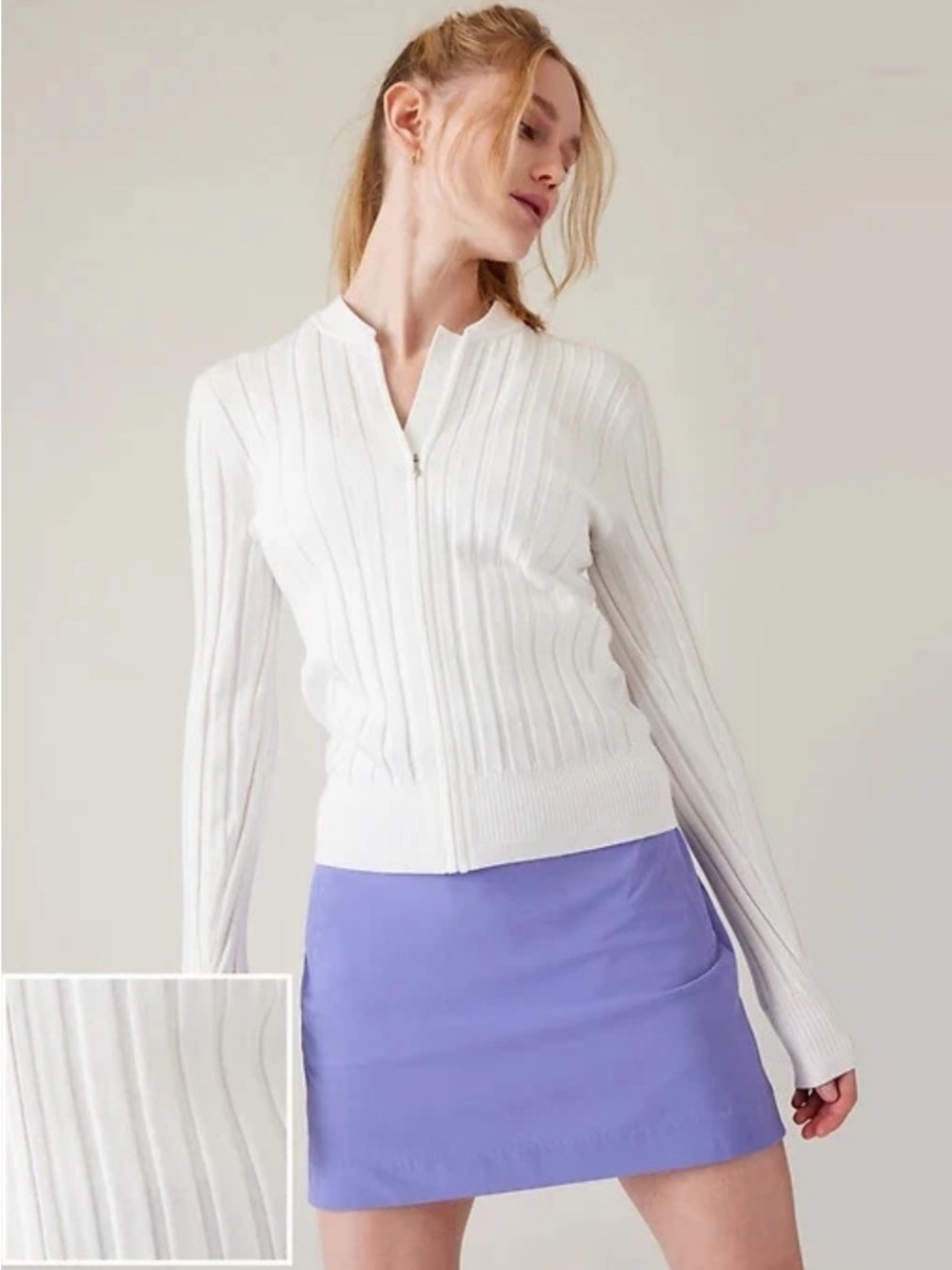NWT Athleta White Fairway Chandail Ribbed Zip-Up Sweater, Large